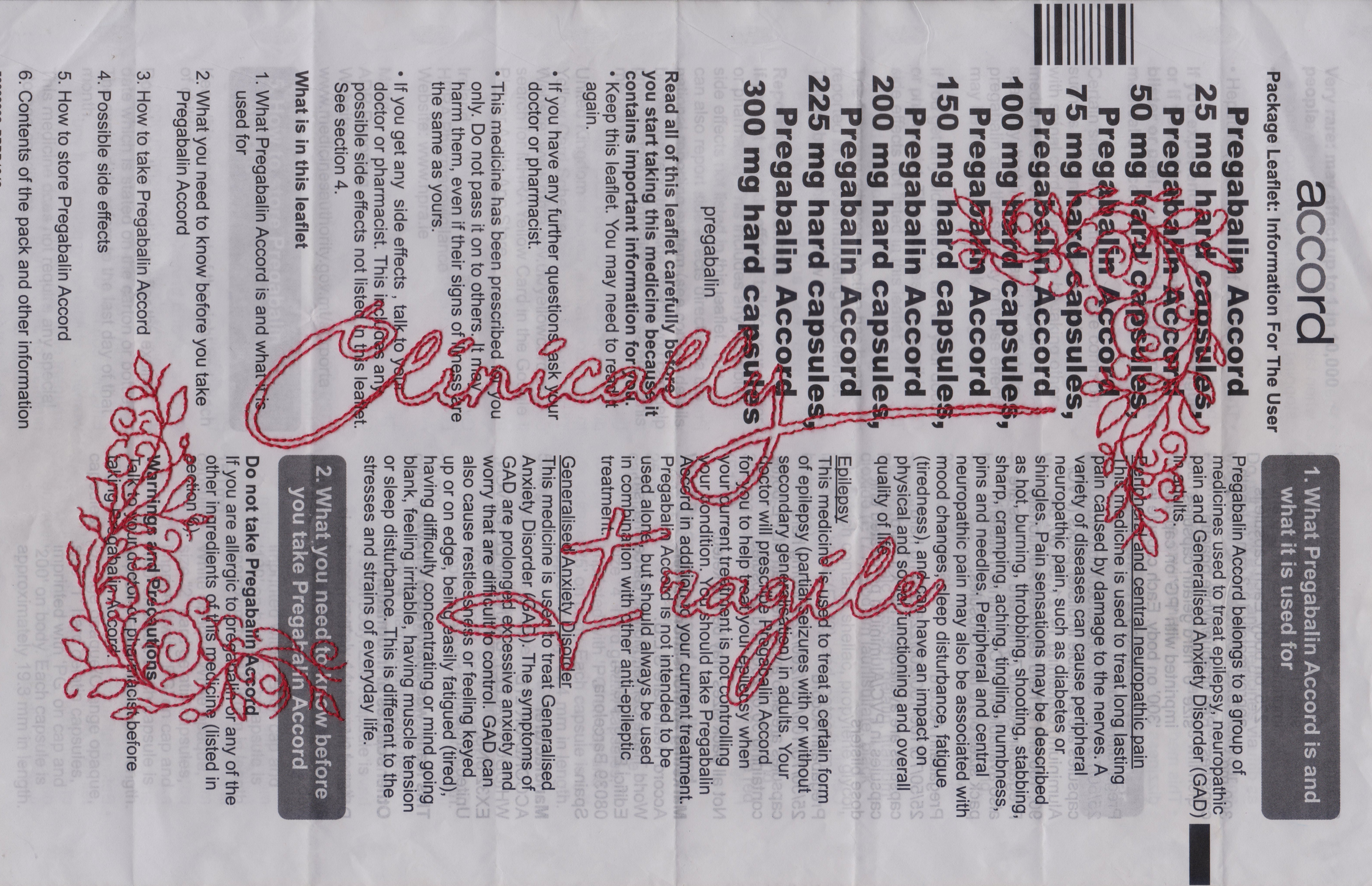 A medication packet with hand embroidered swirling vines and leaves that create a corner frame. Inside the frame are the words "Clinically Fragile", which have been outlined in a handwriting-style font. These have been backstitched in red thread to stand out against the white of the leaflet.