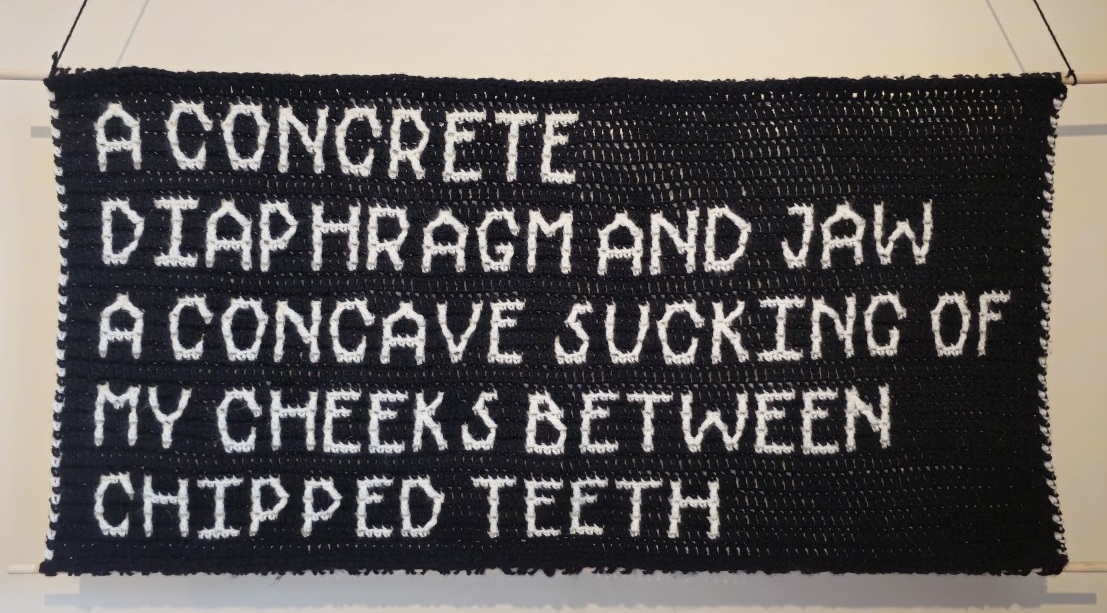 A crocheted banner hung on a wooden dowel against a magnolia wall. The background of the work is black, and picked out in white stitches is a line of poetry: "A concrete diaphragm and jaw, a concave sucking of my cheeks between chipped teeth".